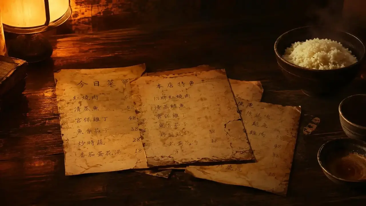门口的手写菜单主视觉：木桌上摊开的旧菜单与一碗热饭