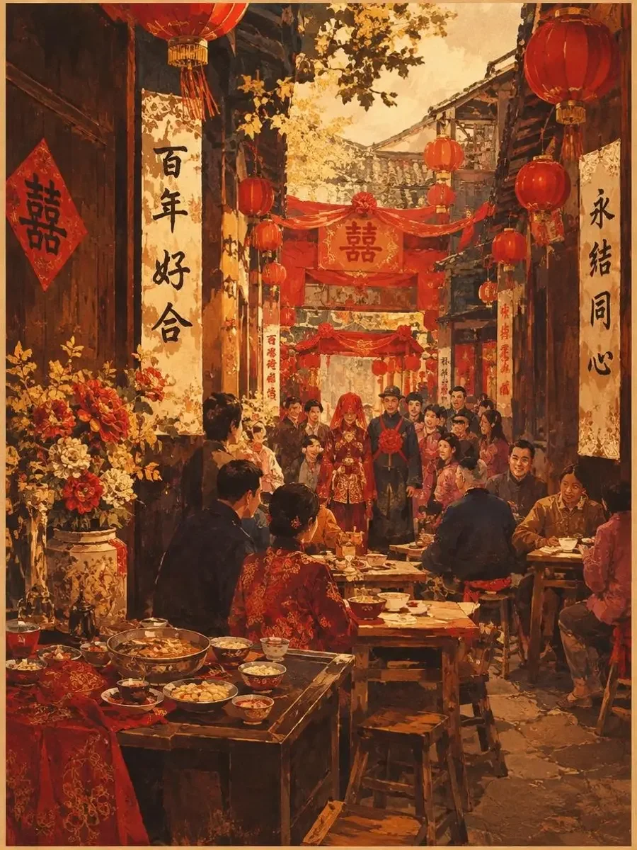 街道办的婚典封面：老巷里的红灯笼与摆满热菜的八仙桌