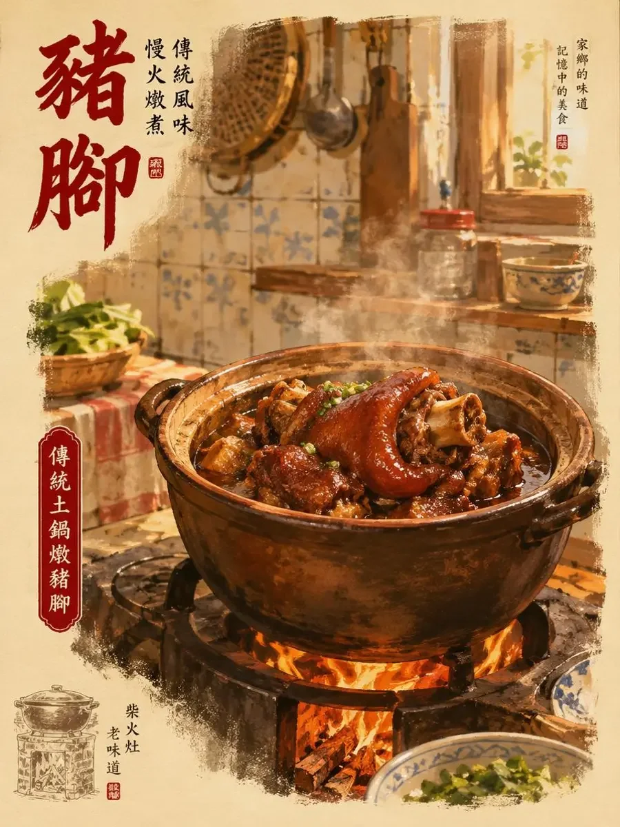 老蹄髈楼封面：砂锅里咕嘟炖着的蹄髈与木质灶台