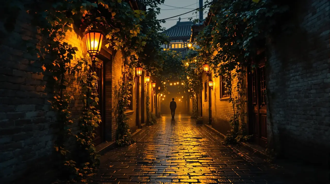 糯米巷夜话主视觉：夜色石巷中的小饭馆与暖黄灯笼
